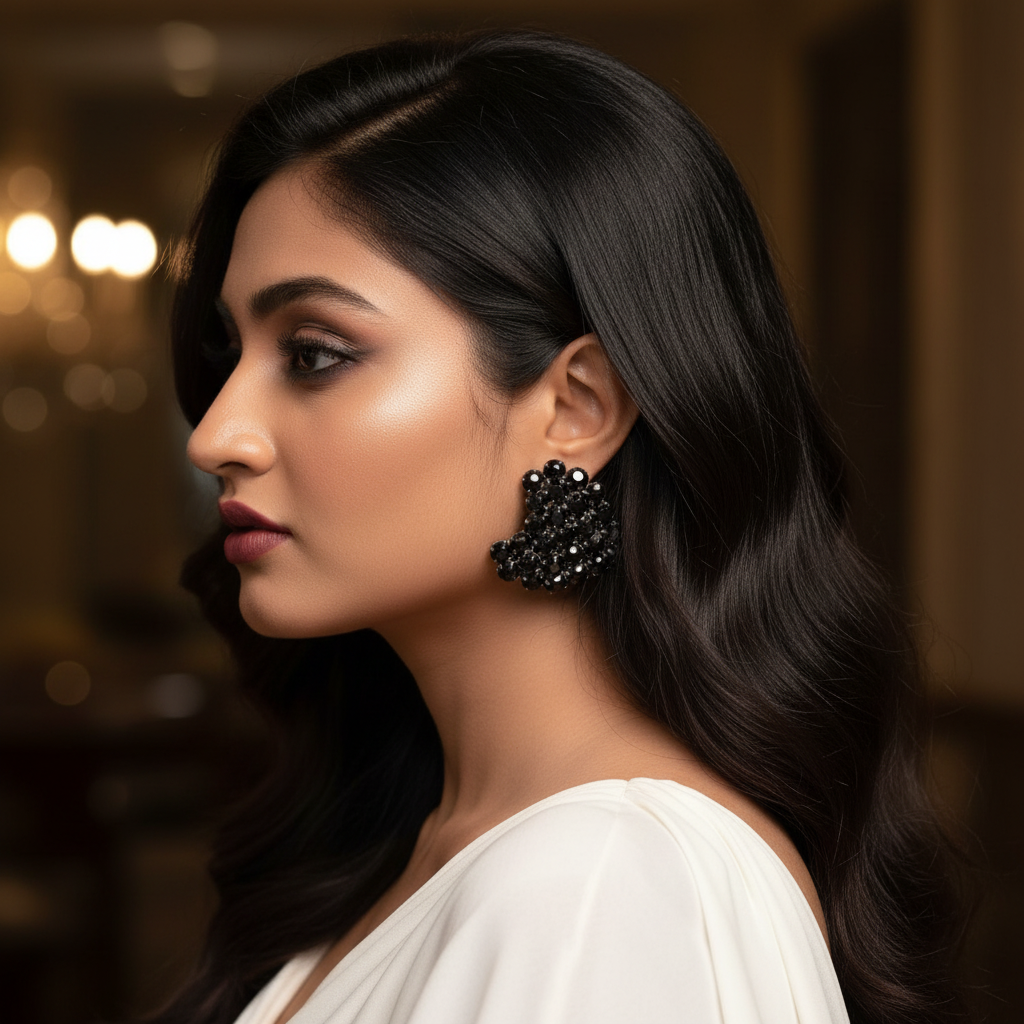Black color Earrings heart stone studs - Partywear earrings | Alankara
