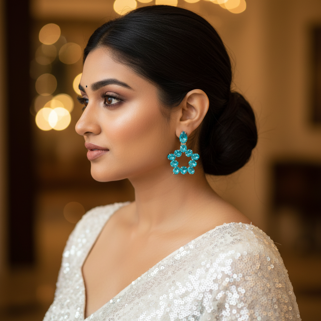 Blue Penta stone Hoops - Sky blue Earrings Partywear | Alankara