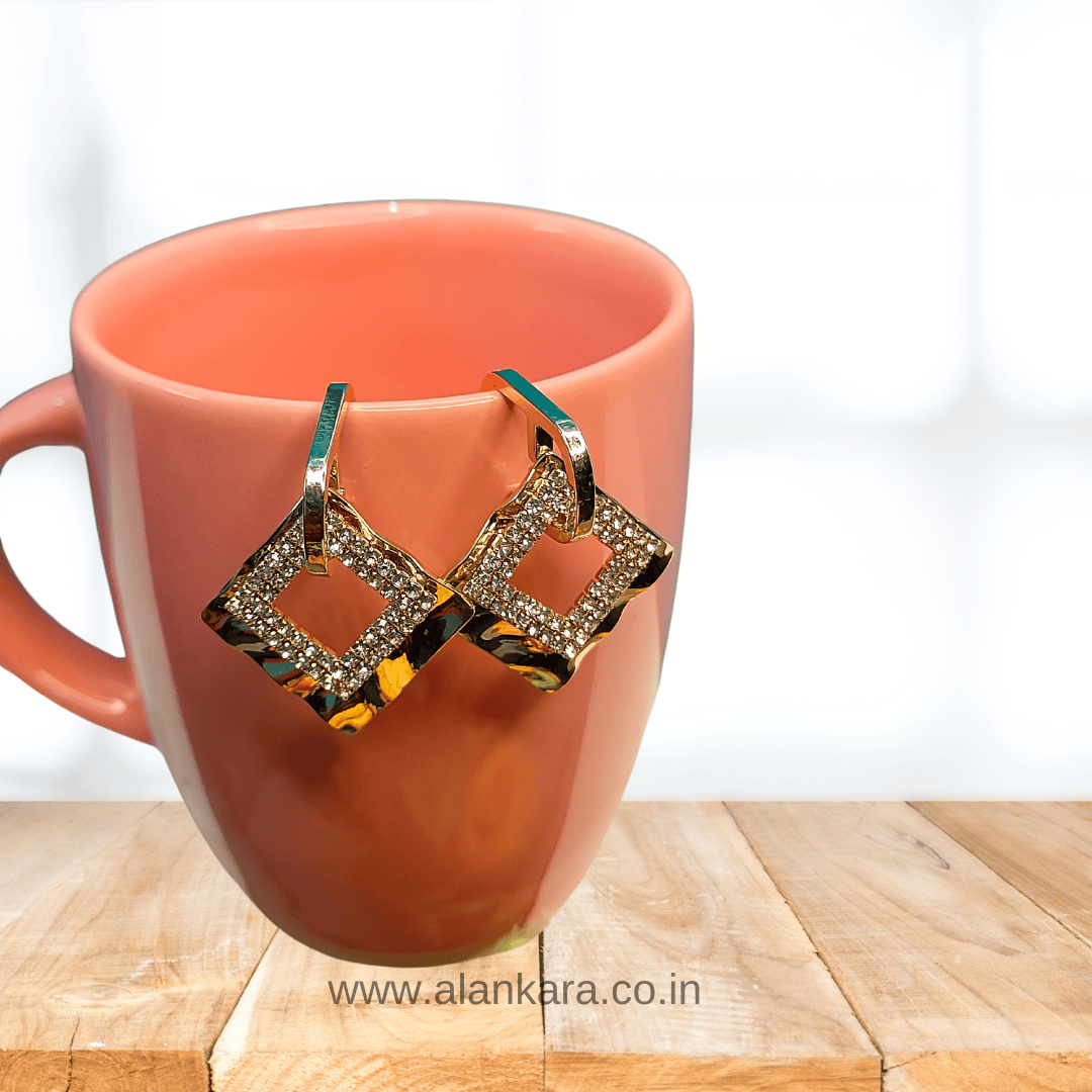 Golden CZ square hoops - Stainless steel western earrings | ALANKARA