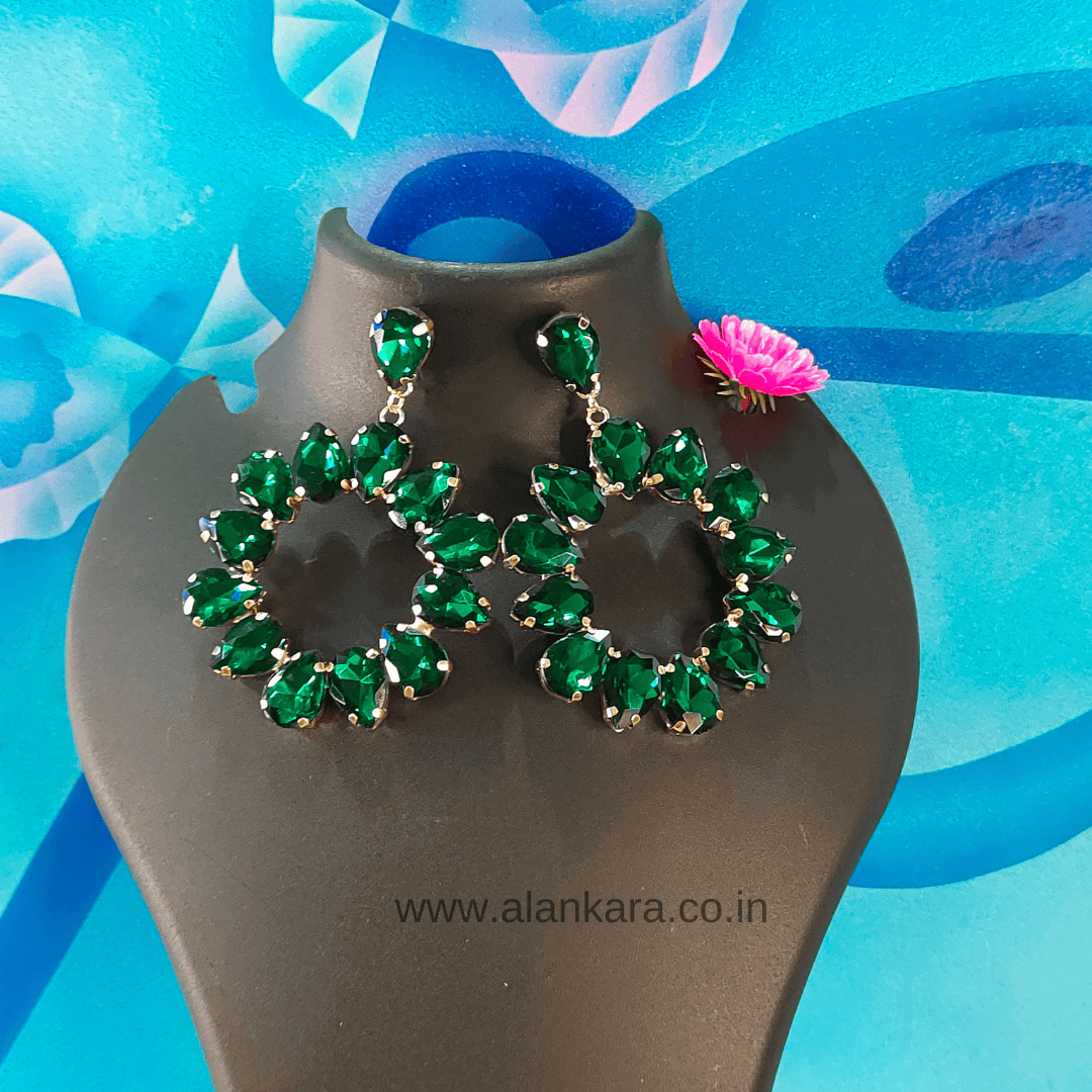 Green floral stone Hoops - Partywear Earrings | Alankara