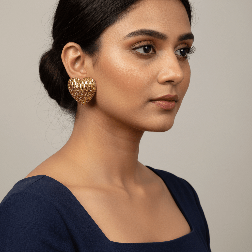 Woman wearing gold earrings with a neutral background