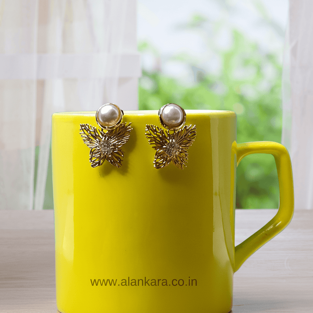 Golden pearl butterfly studs - Korean fashion earrings | Alankara