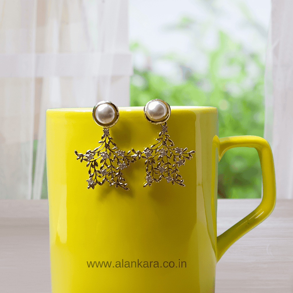 Golden pearl leaf studs - Western earrings | Alankara