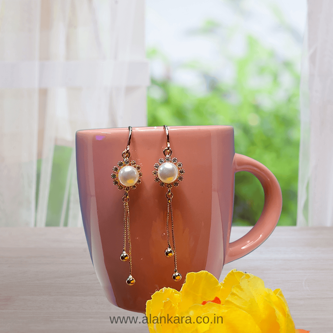 Golden pearl floral danglers - Earrings for sarees, kurti & western wear | Alankara