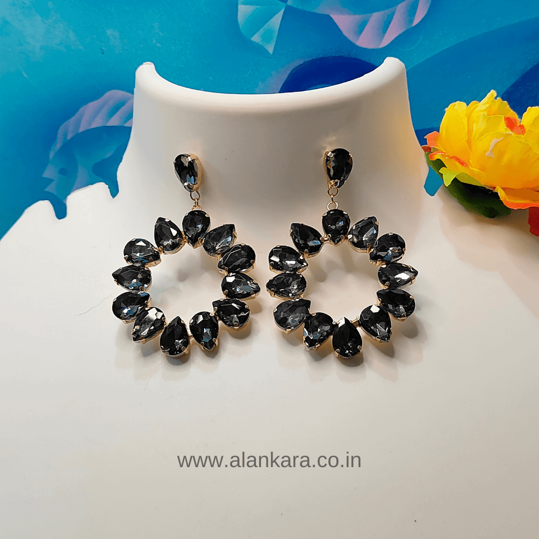 Grey Earrings floral stone Hoops - Partywear Earrings | Alankara