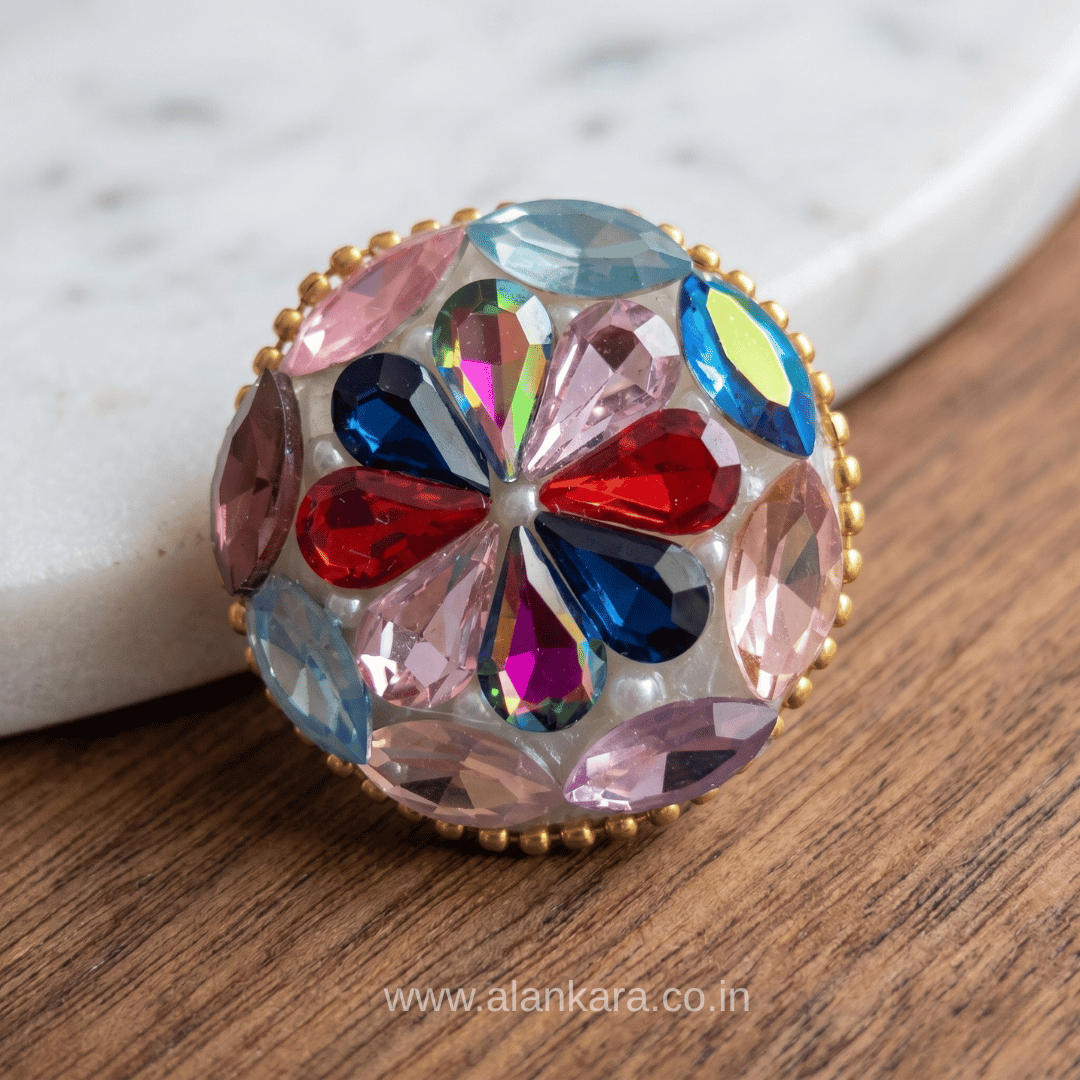 Multicolor Crystal Pearl Saree Pin featuring vibrant crystals and pearls in a round shape, perfect for ethnic outfits.