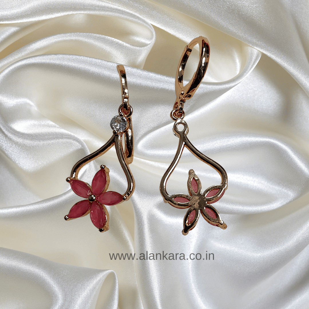 Pink floral drop hoops - Stainless steel western earrings