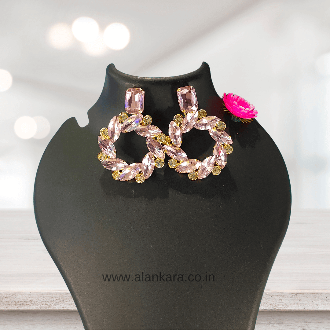 Womens Pink Earrings flower stone Hoops - Partywear Earrings | Alankara