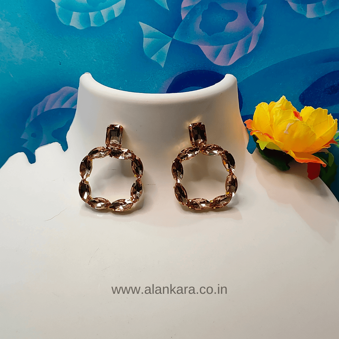 Partywear Peach colour Earrings - Square stone Hoops | Alankara