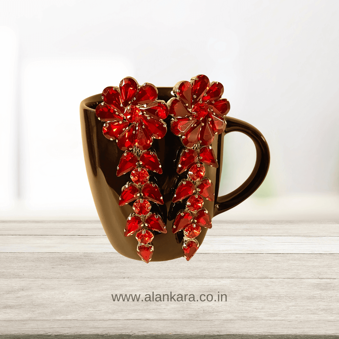 Red flower petals Danglers - Korean glass stone earrings | Alankara