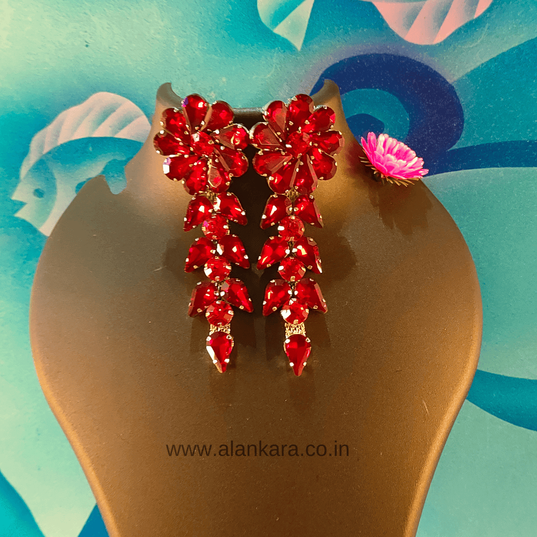 Flower Petals Stone Danglers -Women's Red Earrings- Partywear
