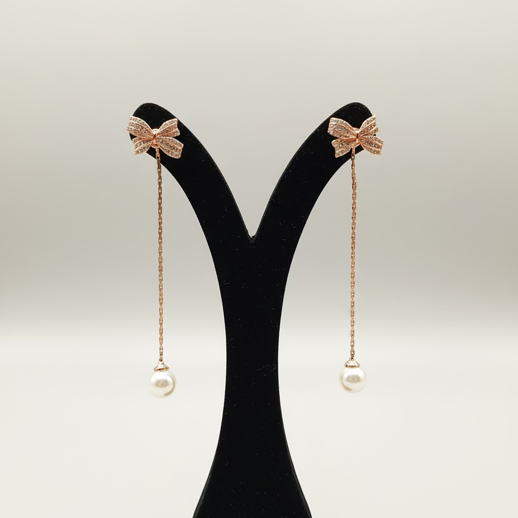 Rosegold bow korean long earrings with cubic zirconia stone and pearls