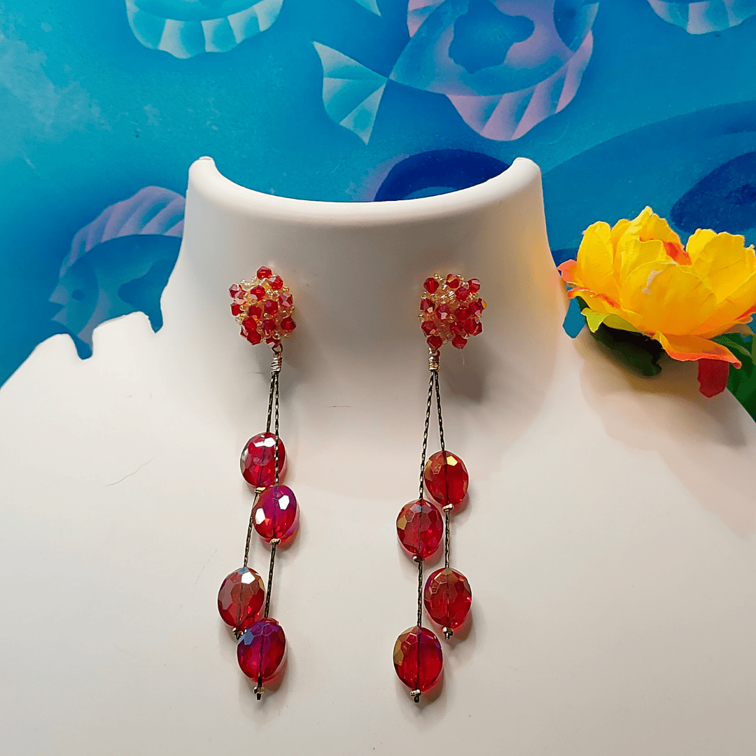 Long Flower Danglers - Women's Red Earrings | ALANKARA