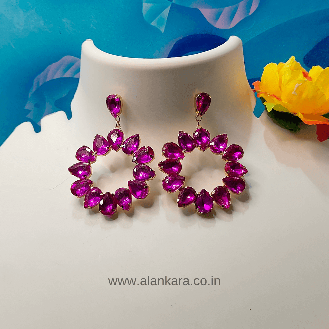 RaniPink Floral stone Hoops - Partywear Womens pink Earrings | Alankara