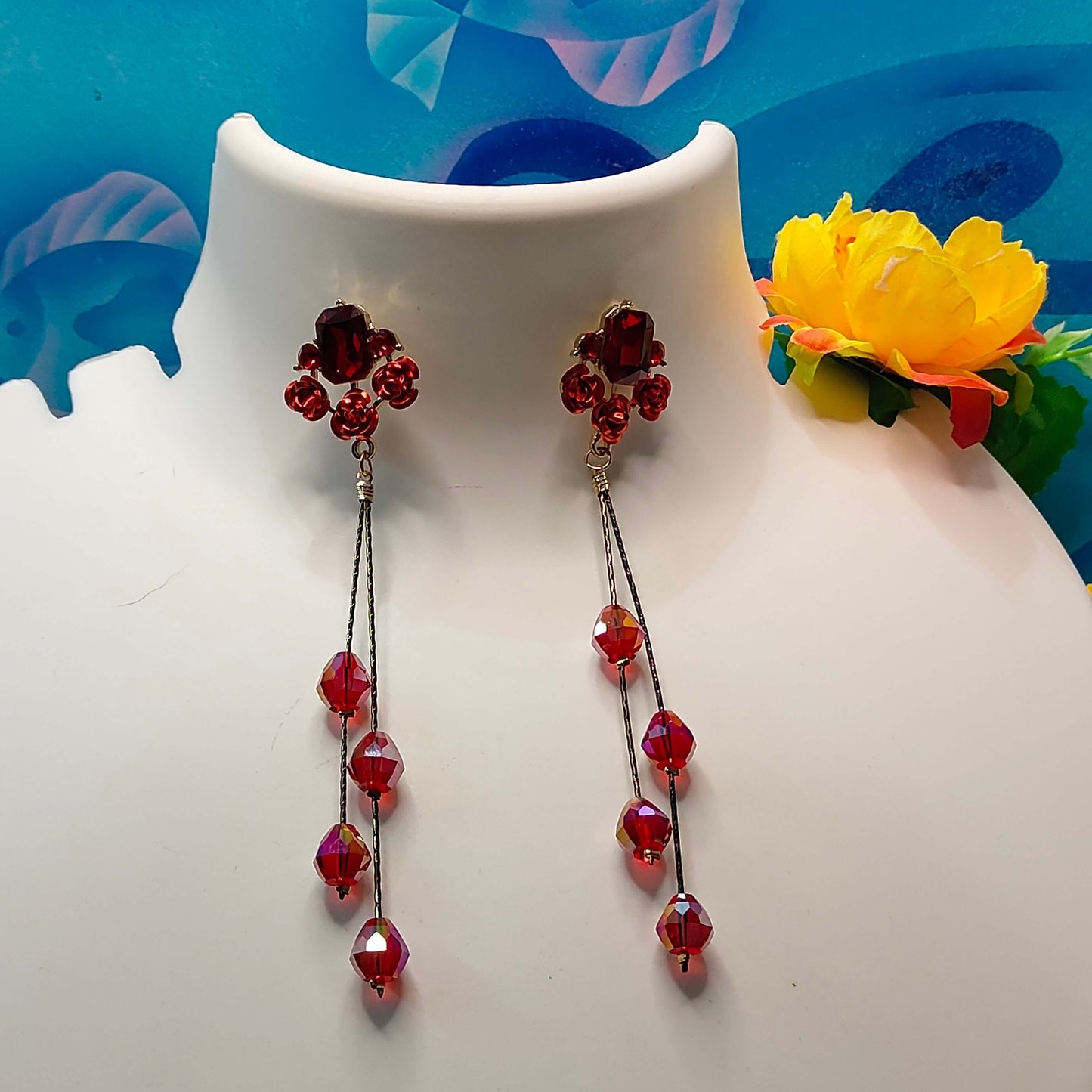 Rose Danglers Women's Red Earrings - Partywear | Alankara