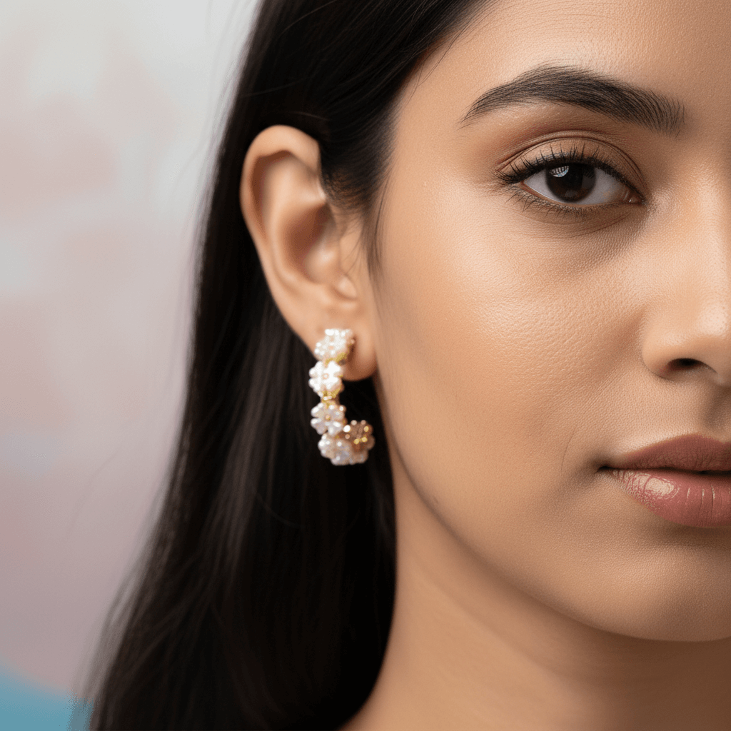Model wearing White Golden Pearl Hoop earrings, showcasing their elegance and versatility with different outfits.