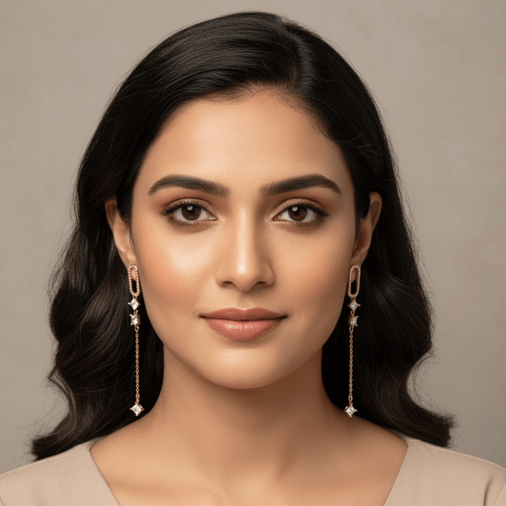 Model wearing White Capsule Dangler earrings, showcasing their elegance and style, suitable for Indian and western outfits.
