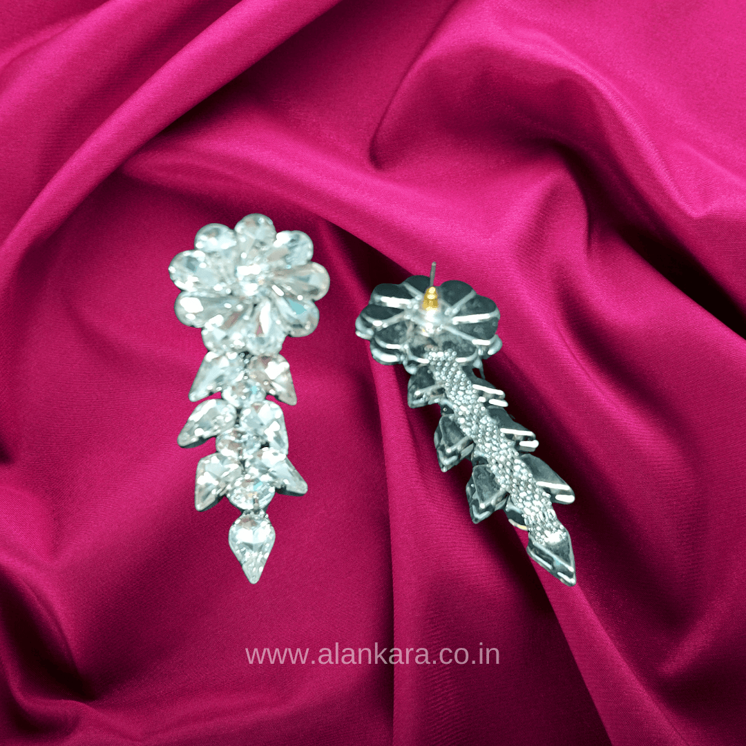 White Earrings long - Flower petals stone Danglers.
