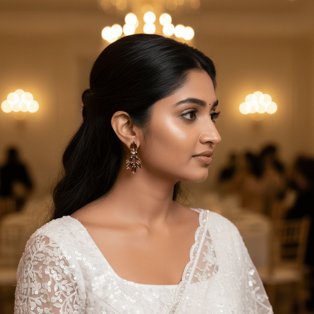 women wearing wine earrings on white sequin saree at wedding.