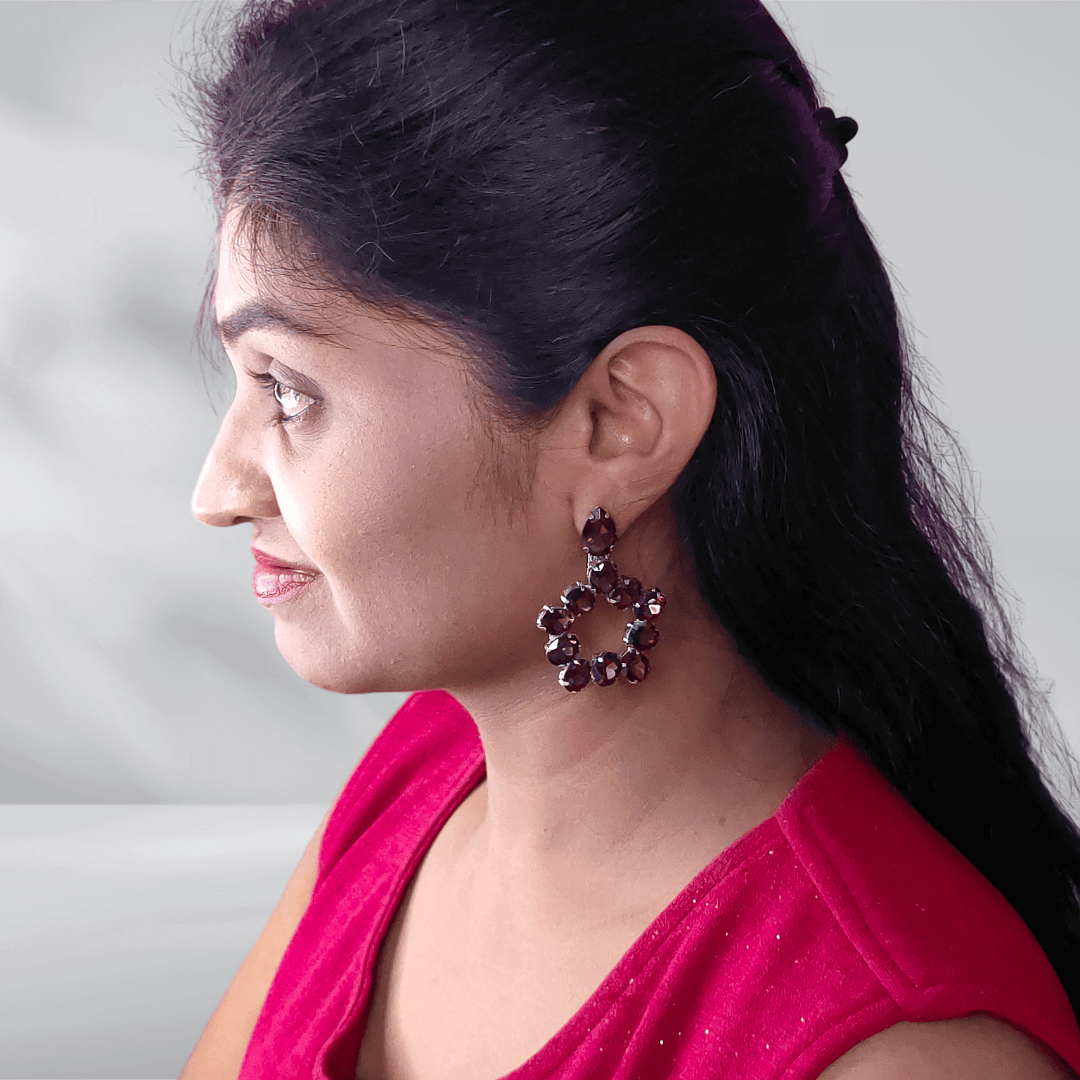 Wine Penta Stone Hoops - Women Korean Earrings Partywear | Alankara