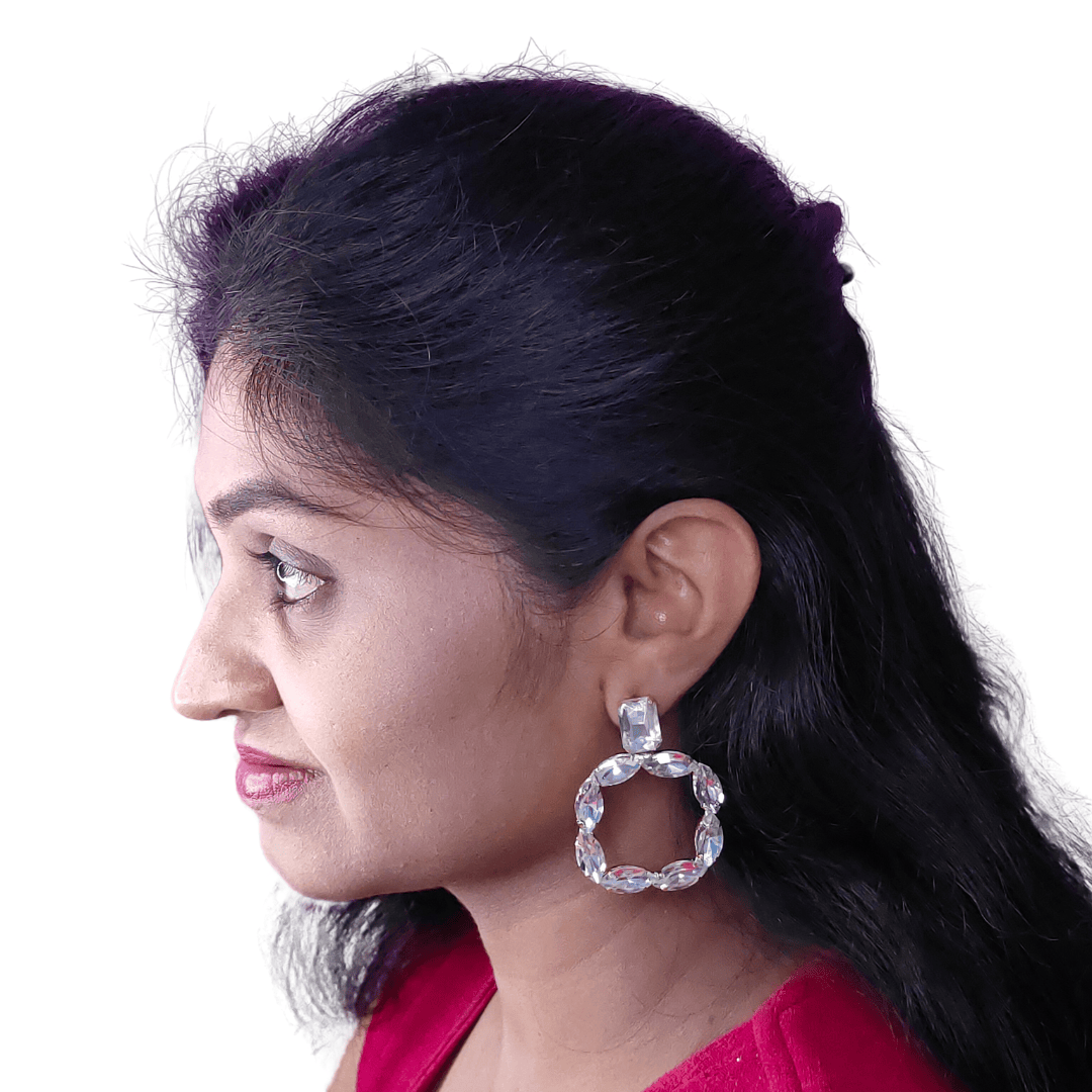 Women's White Earrings Partywear - Square Stone Hoops | Alankara
