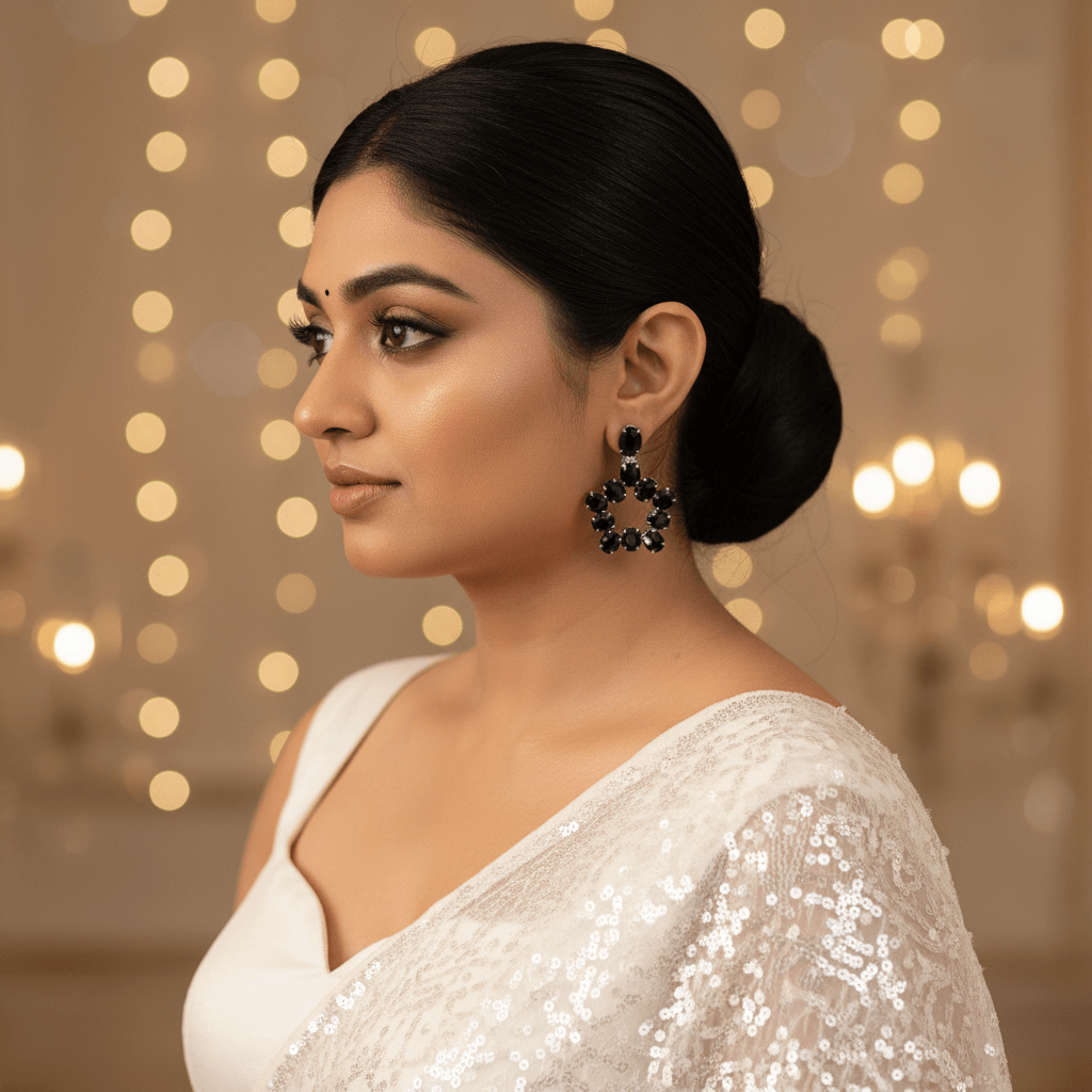 Black color Earrings Penta stone hoops - Partywear Earrings | Alankara