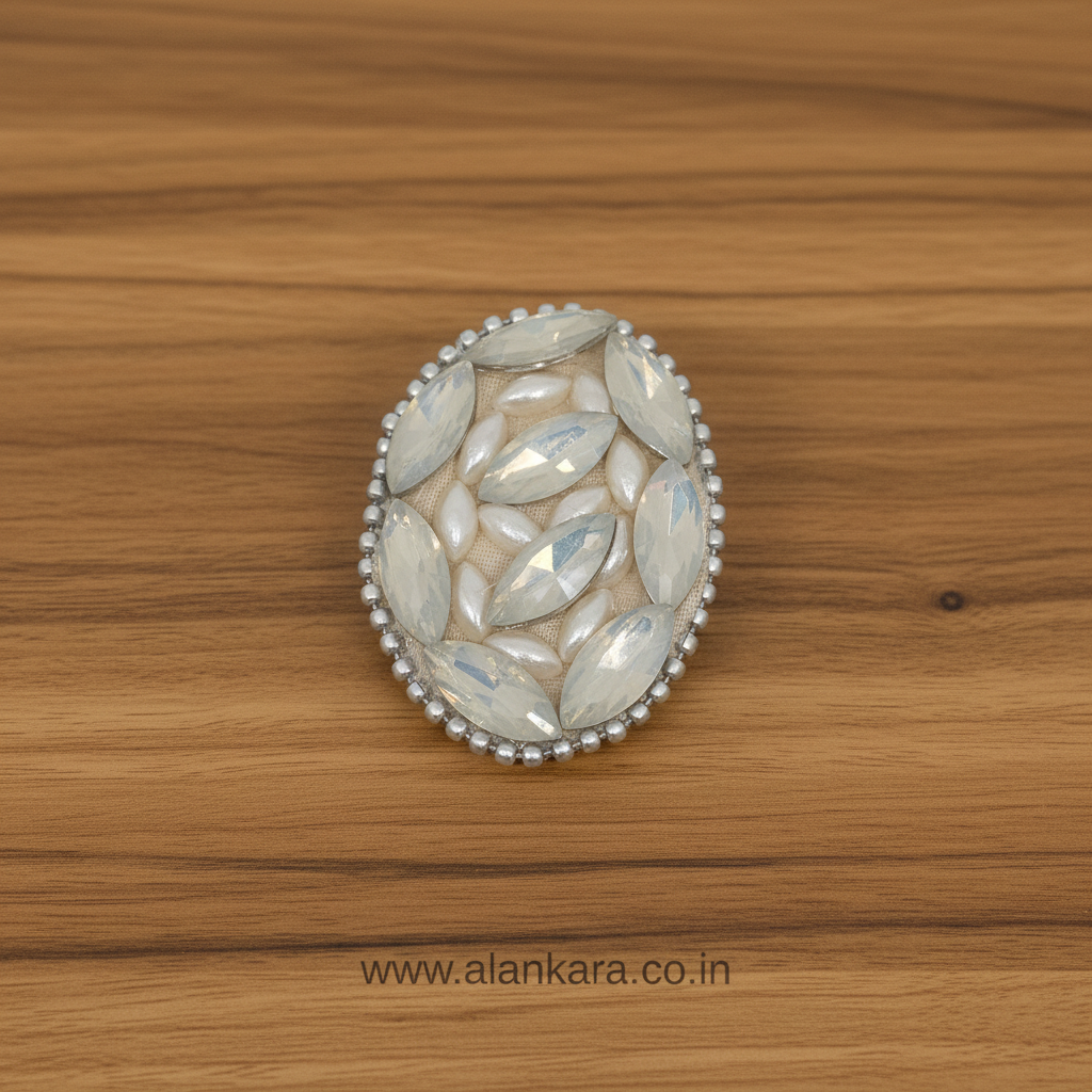 White Pearl Crystal Saree Pin elegantly designed with shimmering crystals and pearls.