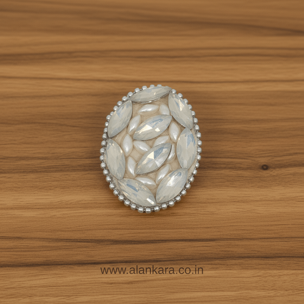 White Pearl Crystal Saree Pin elegantly designed with shimmering crystals and pearls.