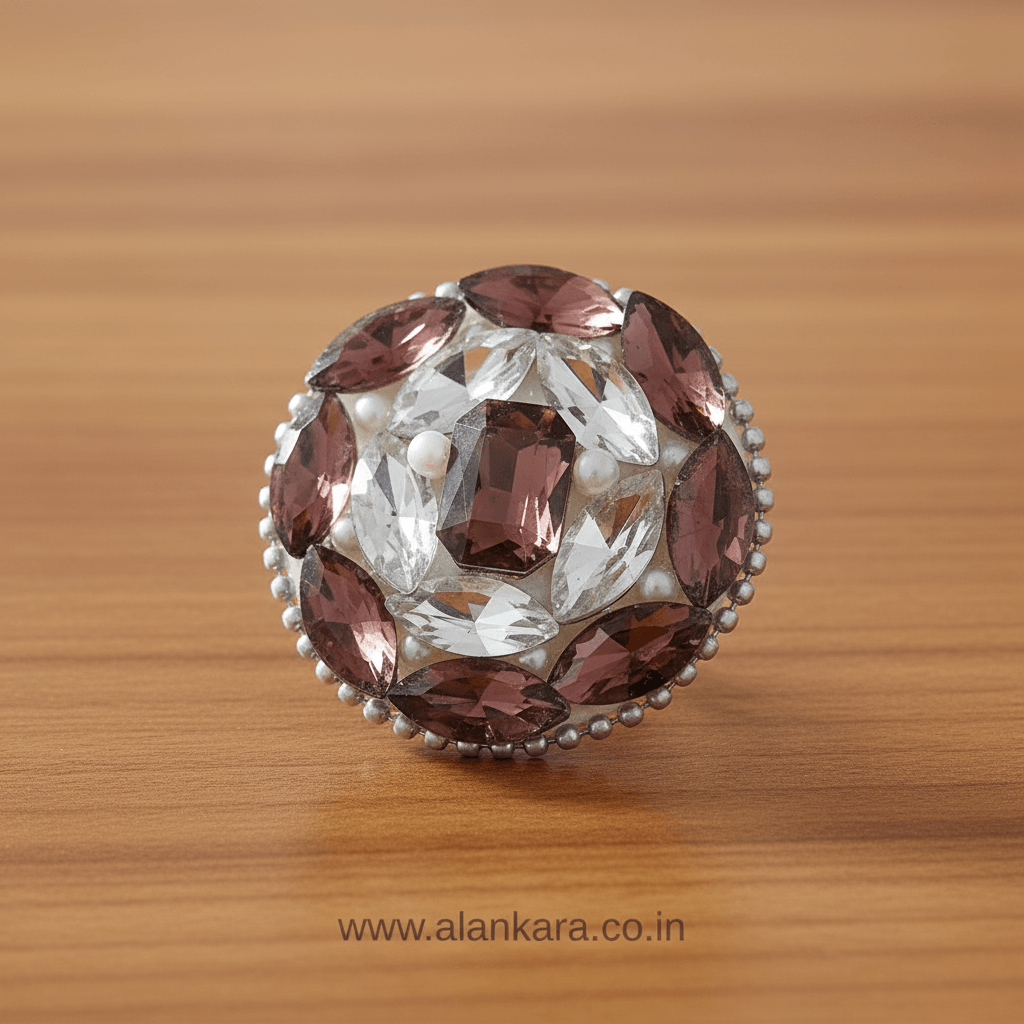 Wine & White Crystal Pearl Saree Pin featuring sparkling crystals and delicate pearls on a round brooch.