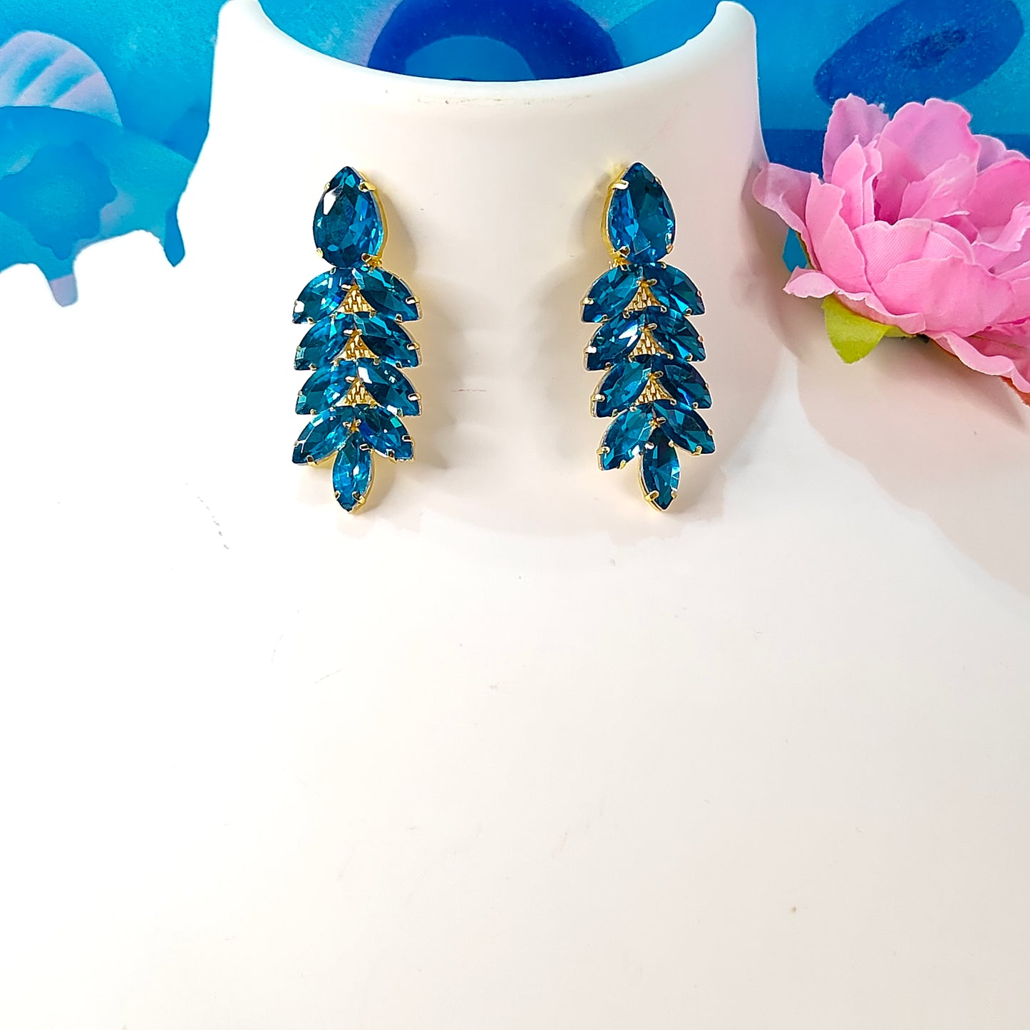 Blue Petals stone danglers - Korean Partywear Earrings