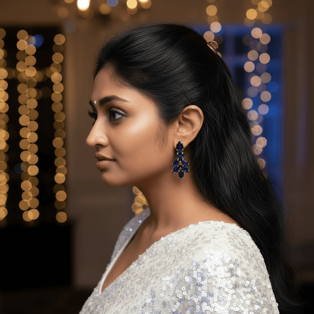 Woman wearing blue earrings on white sequin saree at wedding