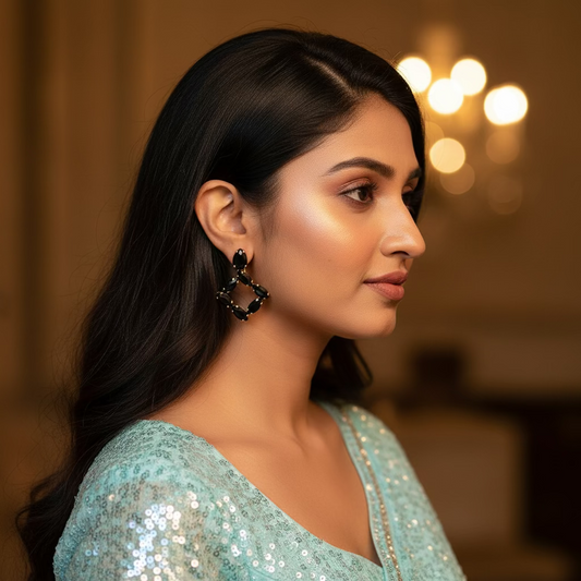 Black square stone hoops - Partywear Korean Earrings | Alankara