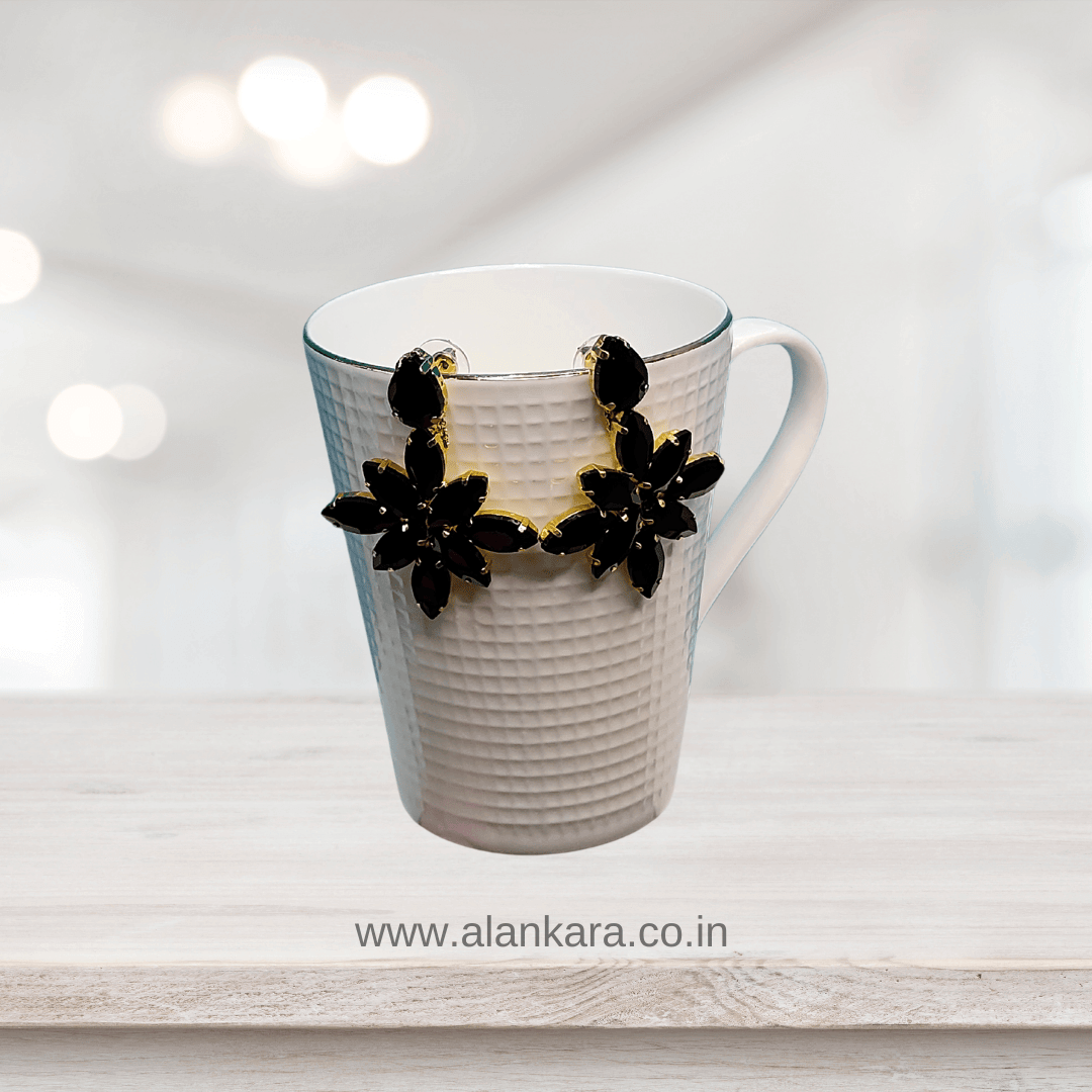 Black floral glass Stone danglers - Partywear earrings | ALANKARA