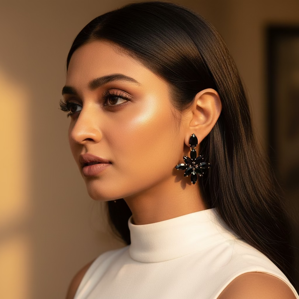 Woman wearing black earrings on white dress