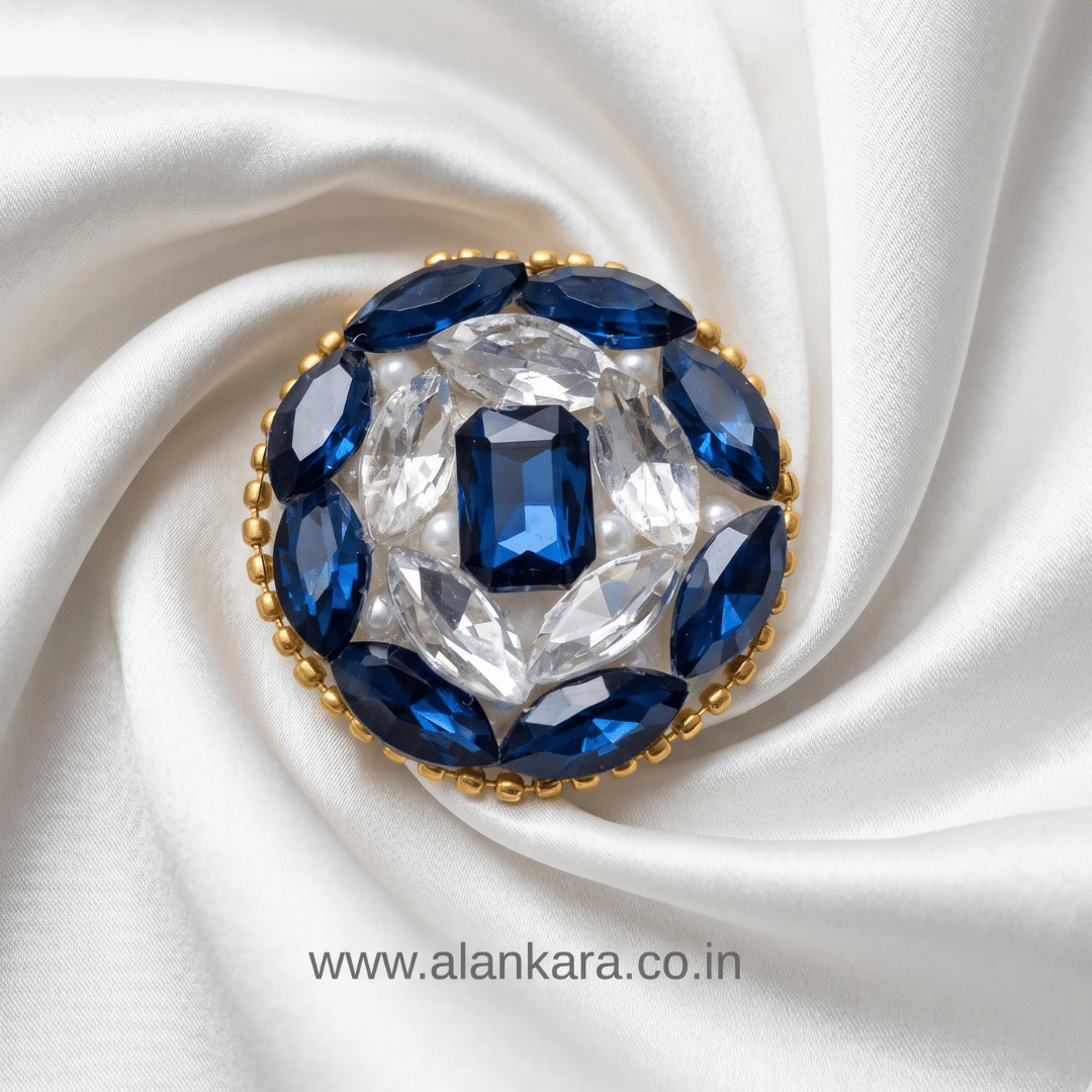 Royal Blue Crystal Pearl Saree Pin featuring royal blue and clear crystals on elegant fabric