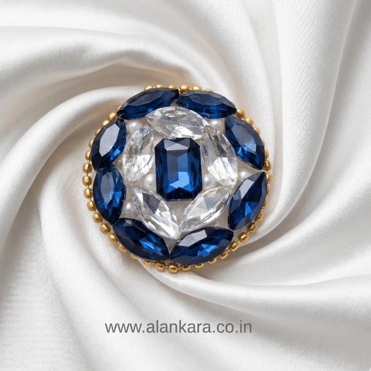 Royal Blue Crystal Pearl Saree Pin featuring royal blue and clear crystals on elegant fabric