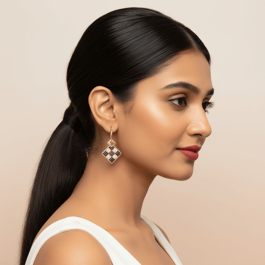 Golden Black colour earrings - Square hoops | Alankara