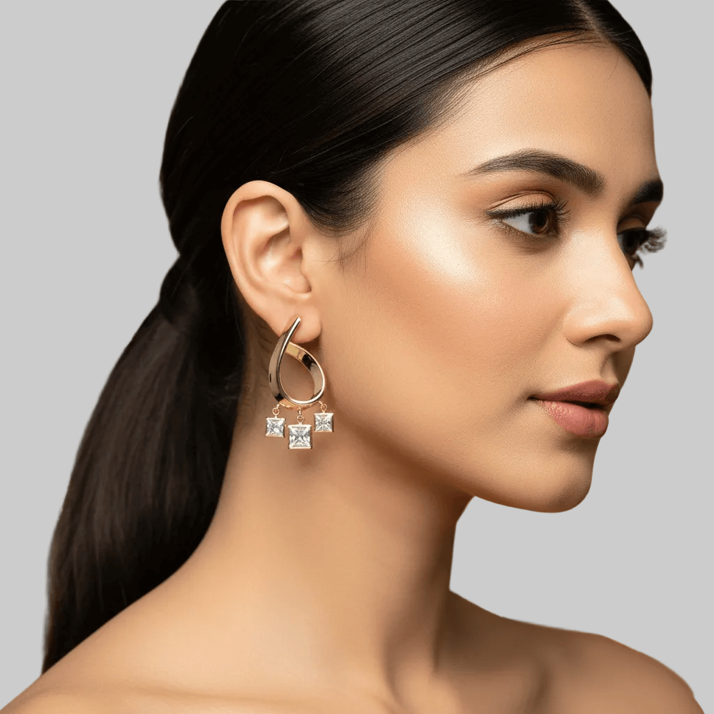 Golden curve crystal hoops - Earrings for western wear | Alankara