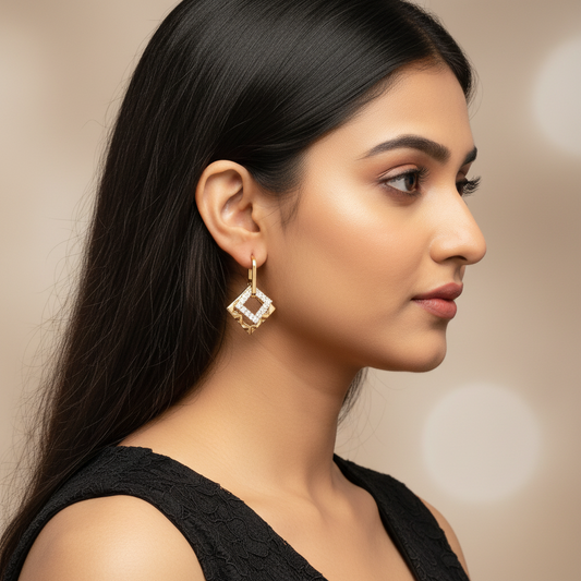 Golden colour earrings western - CZ square hoops | Alankara