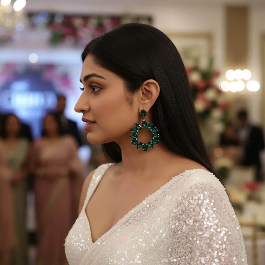 Green Floral Hoops - Partywear Stone Earrings for Women | Alankara