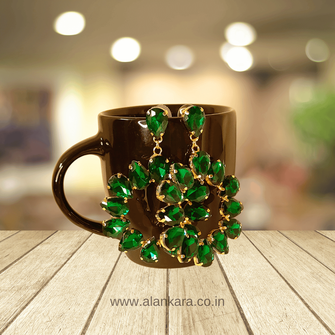 Green Floral Hoops - Partywear Stone Earrings for Women | Alankara