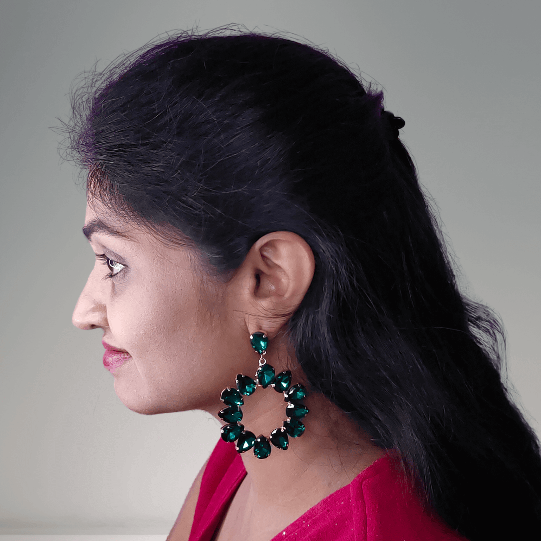 Green Color Earrings Floral Hoops - Partywear | Alankara