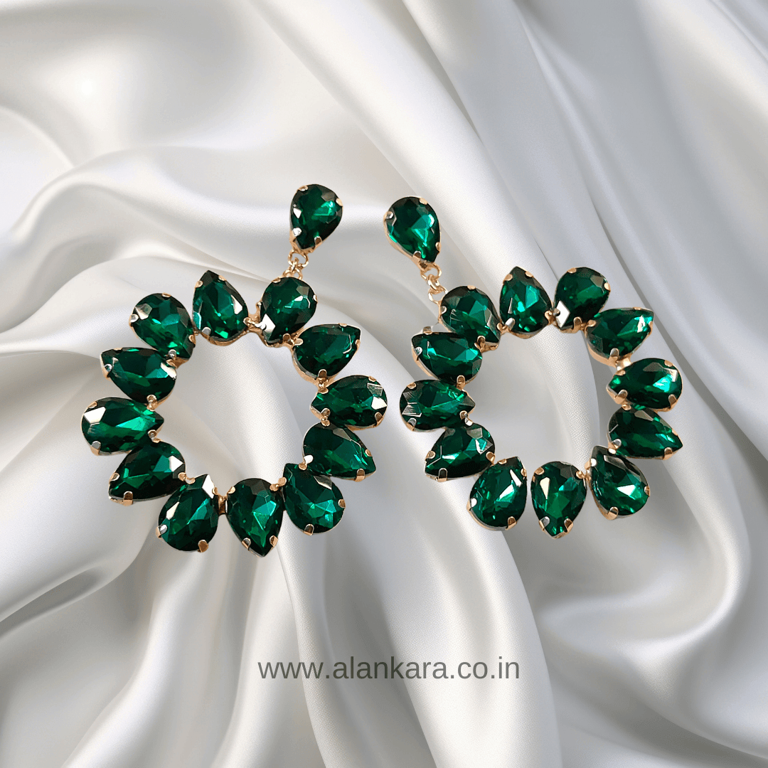 Green Earrings Floral Stone Hoops -Partywear Earrings for women | Alankara