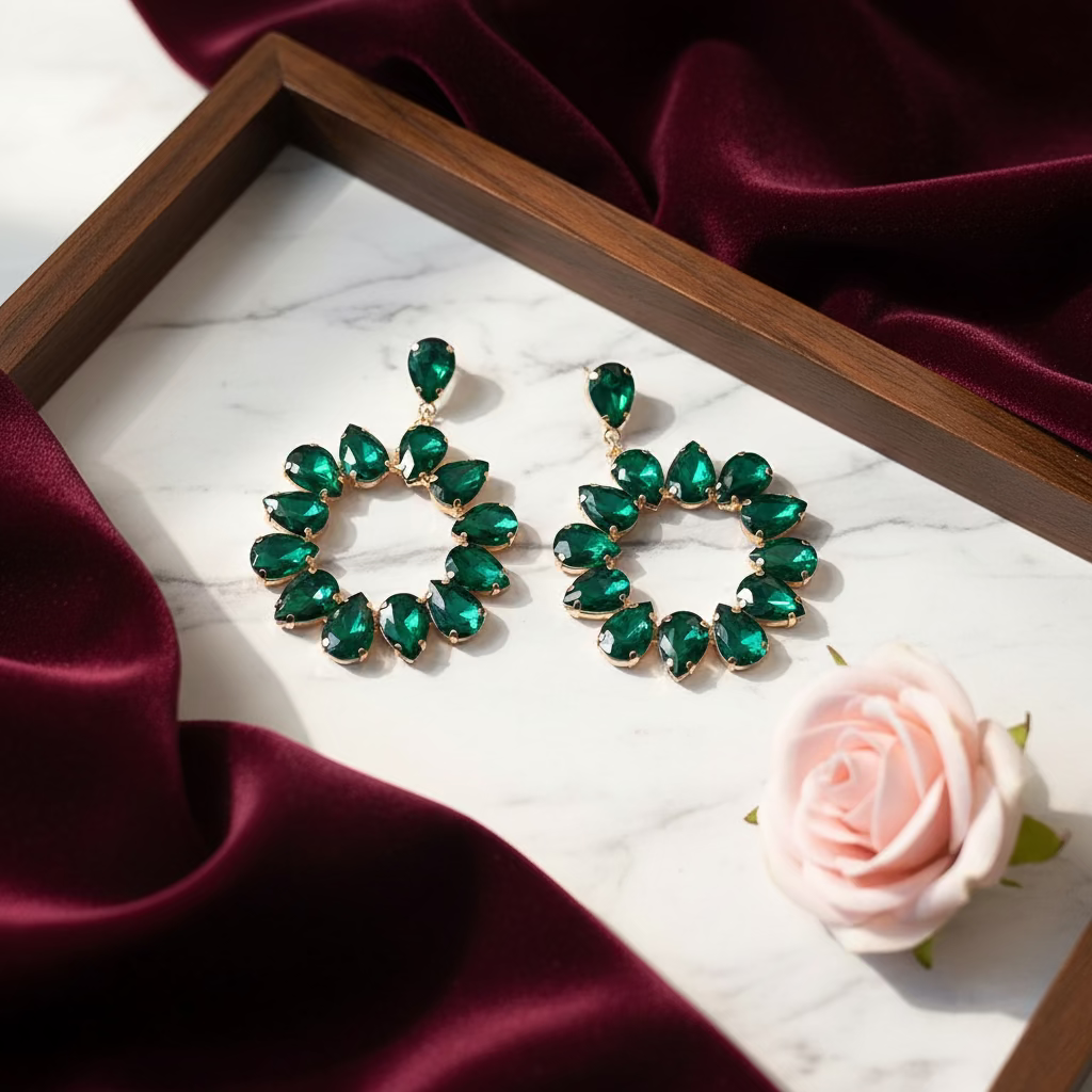Green floral stone Hoops - Partywear Earrings | Alankara