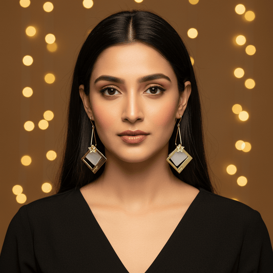 Golden square floral hoops - Women's western earrings | Alankara