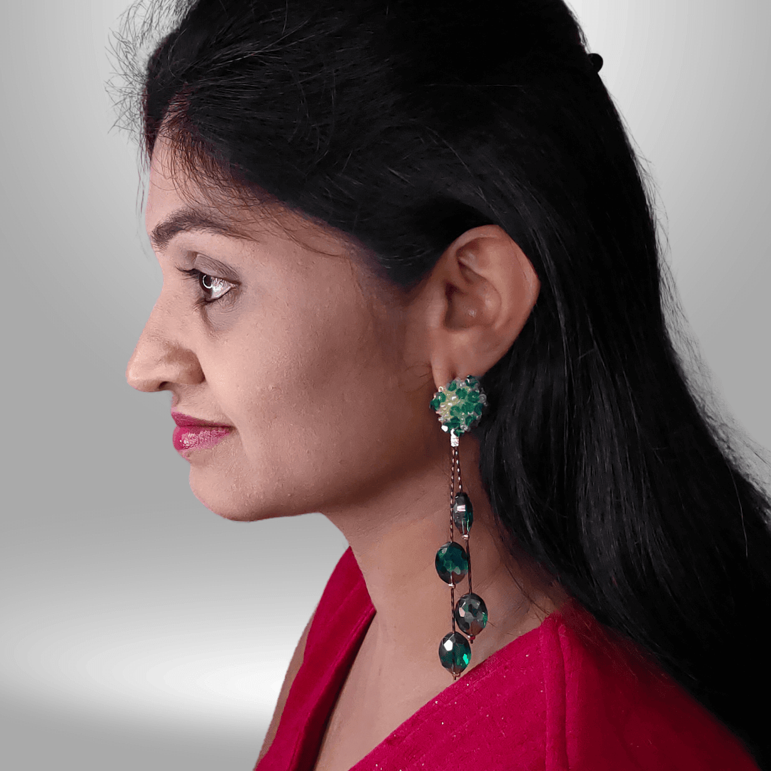 Green long flower danglers - Partywear Earrings | Alankara