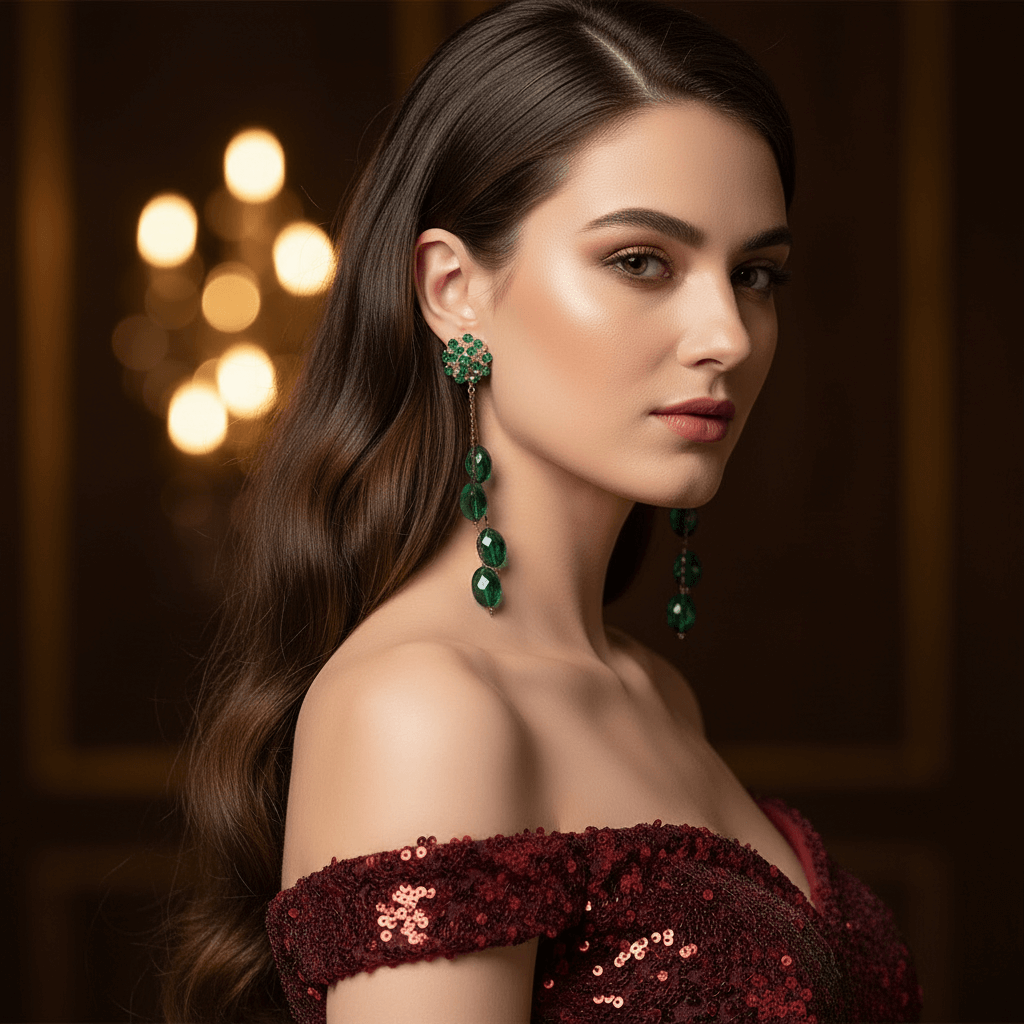 Green long flower danglers - Partywear Earrings | Alankara