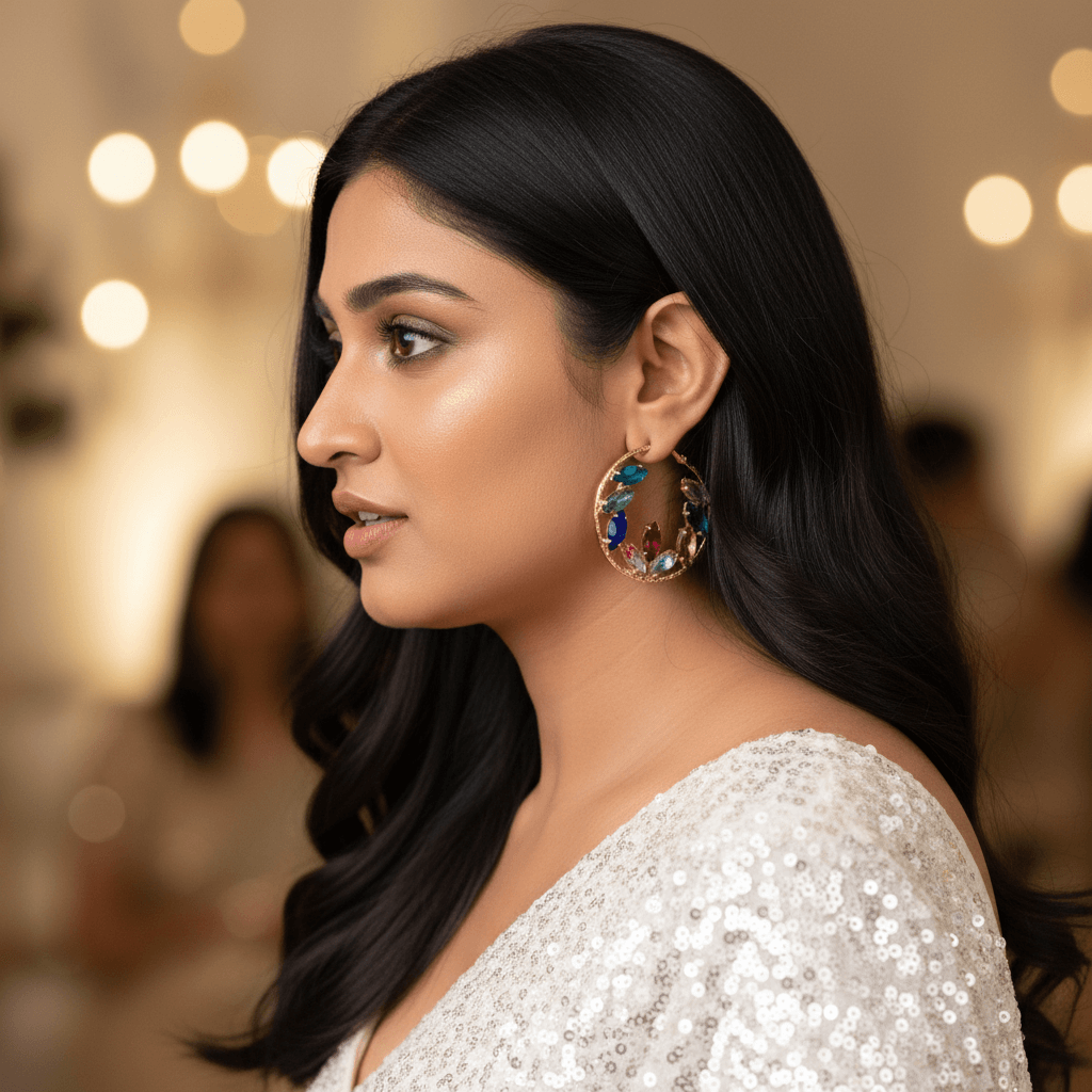 Woman wearing white sequin saree with multicolor hoop earrings in party