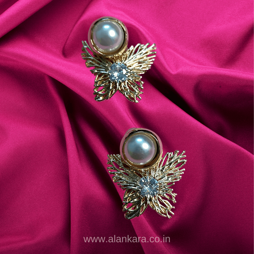 Golden Pearl Butterfly studs - Korean style Western earrings | ALANKARA