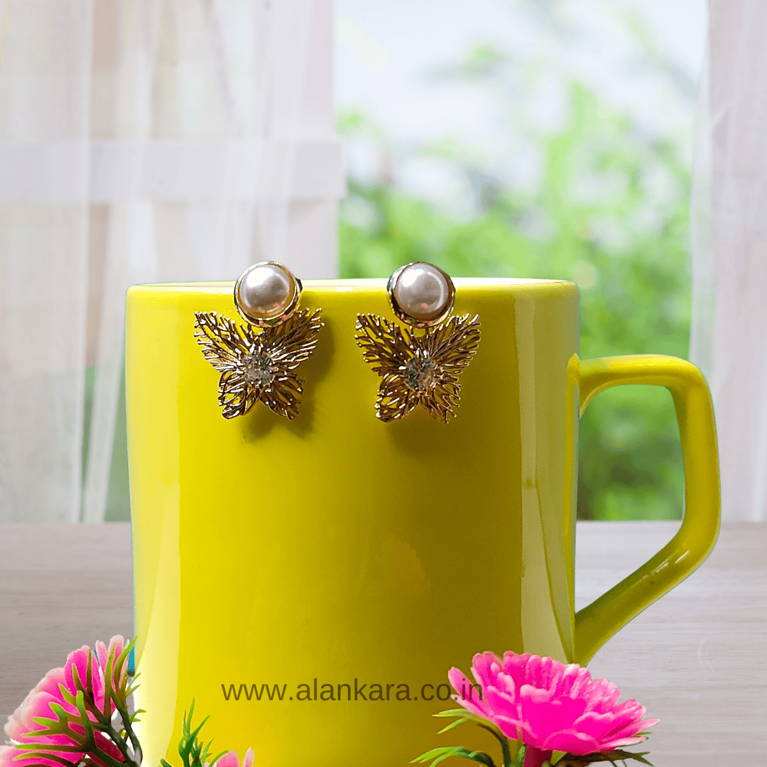 Golden pearl butterfly studs - Korean fashion earrings | ALANKARA